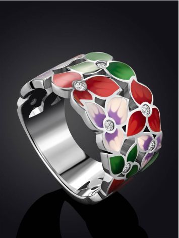 Floral Design Silver Enamel Band Ring, Ring Size: 8 / 18, image , picture 2