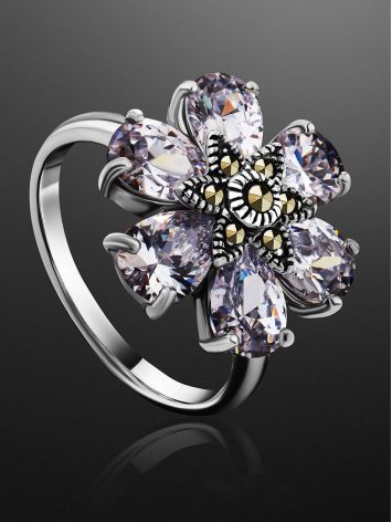 Chic Floral Design Silver Ring With Marcasites And Crystals The Lace, Ring Size: 8 / 18, image , picture 2