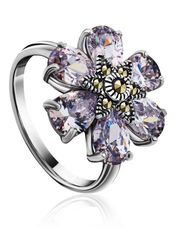 Chic Floral Design Silver Ring With Marcasites And Crystals The Lace, Ring Size: 8 / 18, image 