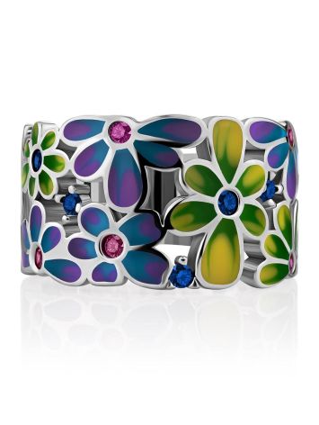 Ultra Feminine Floral Design Enamel Band Ring With Crystals, Ring Size: 7 / 17.5, image , picture 3