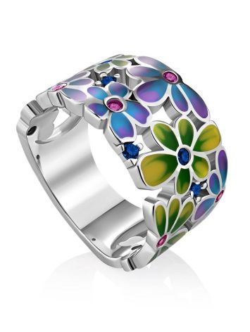 Ultra Feminine Floral Design Enamel Band Ring With Crystals, Ring Size: 7 / 17.5, image 