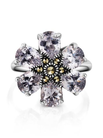 Chic Floral Design Silver Ring With Marcasites And Crystals The Lace, Ring Size: 8 / 18, image , picture 3