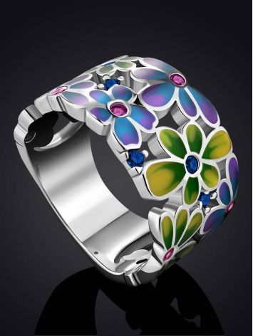 Ultra Feminine Floral Design Enamel Band Ring With Crystals, Ring Size: 7 / 17.5, image , picture 2