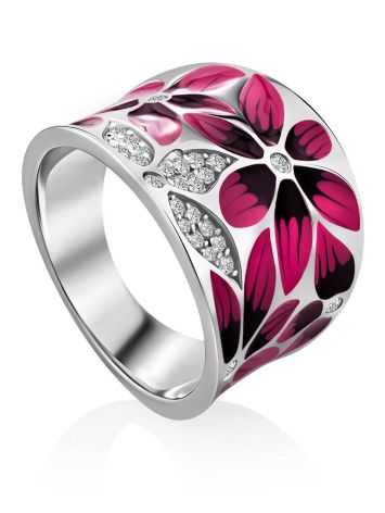 Floral Design Silver Enamel Ring, Ring Size: 8 / 18, image 