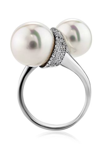 Fabulous Bypass Design Silver Pearl Ring, Ring Size: 7 / 17.5, image 