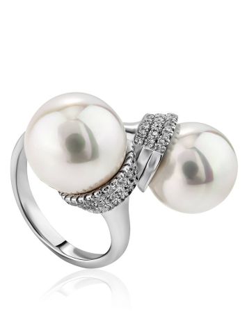 Fabulous Bypass Design Silver Pearl Ring, Ring Size: 7 / 17.5, image , picture 4