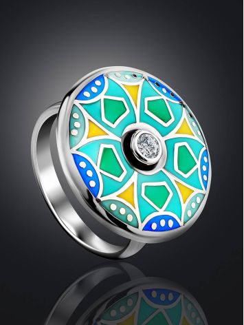 Colorful Silver Enamel Ring With Crystal Centerpiece, Ring Size: 7 / 17.5, image , picture 2