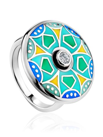 Colorful Silver Enamel Ring With Crystal Centerpiece, Ring Size: 7 / 17.5, image 