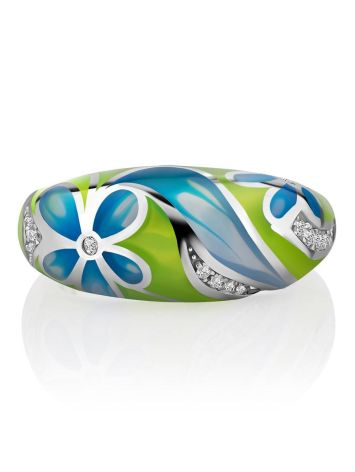 Floral Design Silver Enamel Ring, Ring Size: 7 / 17.5, image , picture 3