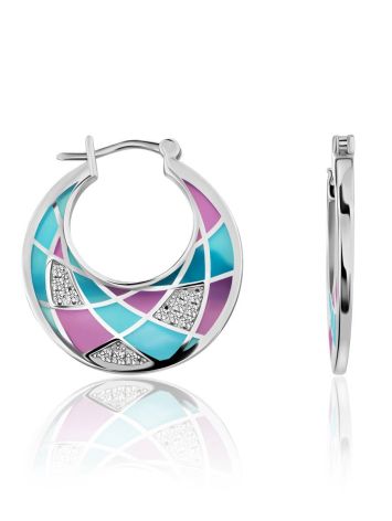 Fashionable Silver Enamel Hoops, image 