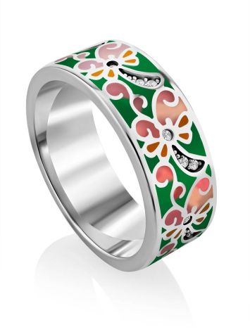 Bright Silver Enamel Band Ring With Crystals, Ring Size: 8 / 18, image 