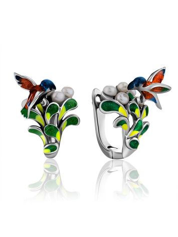 Designer Silver Enamel Earrings With Pearl, image 
