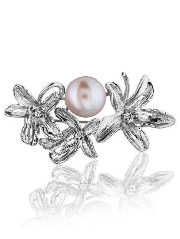 ClassyFloral Design Silver Brooch With Pearl And Crystals, image 