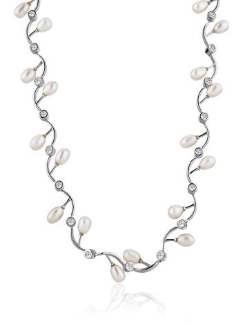 Refined Silver Necklace With Pearl And Crystals, image 