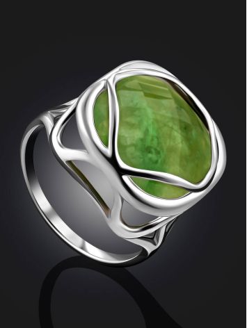 Voluminous Silver Ring With Green Vesuvianite Centerpiece, Ring Size: 8.5 / 18.5, image , picture 2
