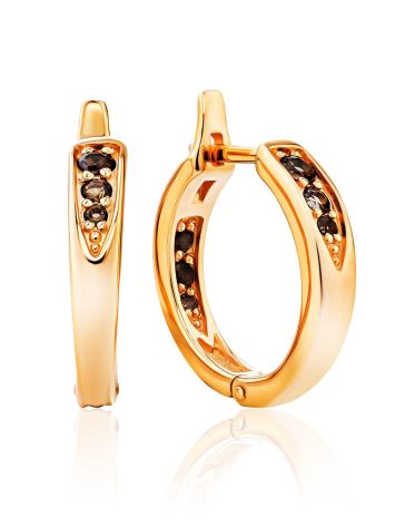 Chic Gold Plated Silver Hoops With Smoky Quartz, image 