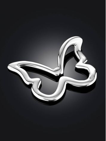 Glossy Silver Butterfly Pendant With Diamond, image , picture 2