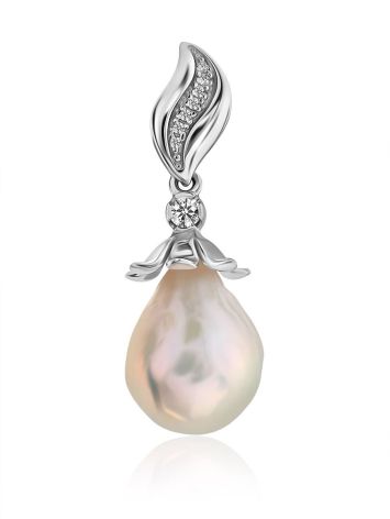 Classy Silver Pendant With Baroque Pearl And Crystals, image 