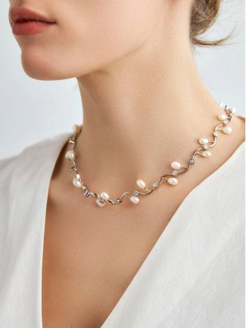 Refined Silver Necklace With Pearl And Crystals, image , picture 3