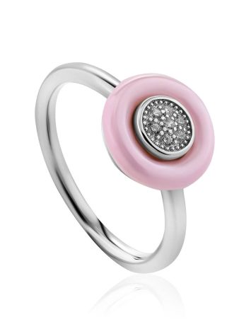 Chic Silver Crystal Ring With Pink Ceramic, Ring Size: 6.5 / 17, image 