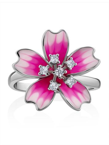 Pink Enamel Flower Ring With Crystals, Ring Size: 8 / 18, image , picture 4