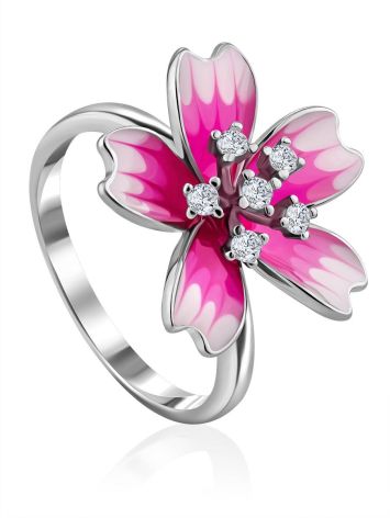 Pink Enamel Flower Ring With Crystals, Ring Size: 8 / 18, image 