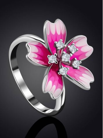 Pink Enamel Flower Ring With Crystals, Ring Size: 8 / 18, image , picture 2