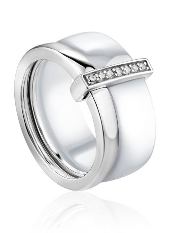 Chic Silver Ceramic Band Ring With Crystals, Ring Size: 5.5 / 16, image 