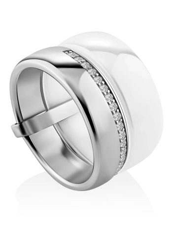 Fashionable Silver Ceramic Band Ring With Crystals, Ring Size: 5.5 / 16, image 