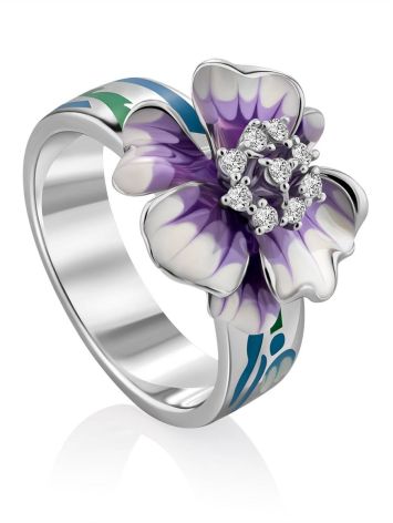 Floral Design Silver Enamel Ring, Ring Size: 8 / 18, image 