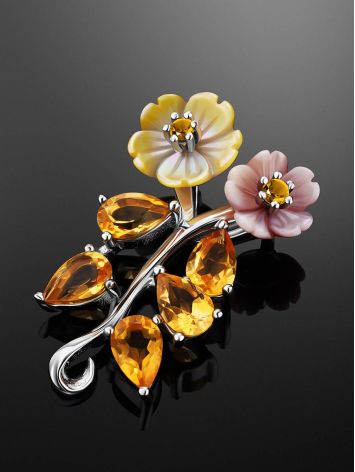 Floral Design Silver Pendant With Nacre And Citrine, image , picture 2