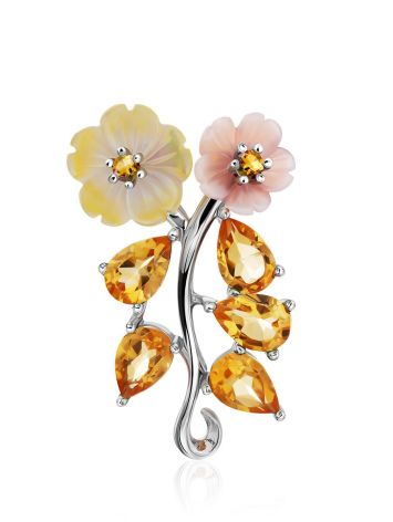Floral Design Silver Pendant With Nacre And Citrine, image 