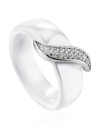Trendy White Ceramic Silver Ring With Crystal Encrusted Detail, Ring Size: 6.5 / 17, image 