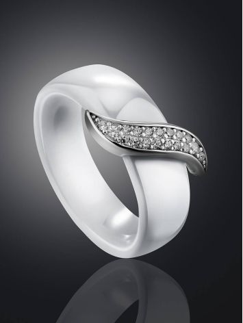 Trendy White Ceramic Silver Ring With Crystal Encrusted Detail, Ring Size: 6.5 / 17, image , picture 2
