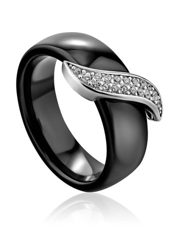 Trendy Black Ceramic Band Ring With Crystals, Ring Size: 6 / 16.5, image 