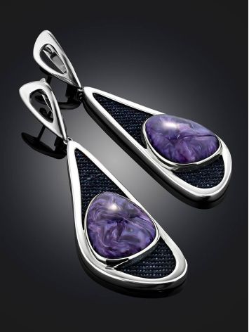 Voluminous Silver Dangle Earrings With Charoite And Demin, image , picture 2