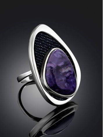 Fabulous Silver Cocktail Ring With Charoite And Denim, Ring Size: 8.5 / 18.5, image , picture 2