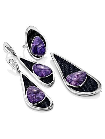 Voluminous Silver Dangle Earrings With Charoite And Demin, image , picture 4