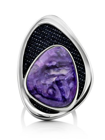 Fabulous Silver Cocktail Ring With Charoite And Denim, Ring Size: 8.5 / 18.5, image , picture 4