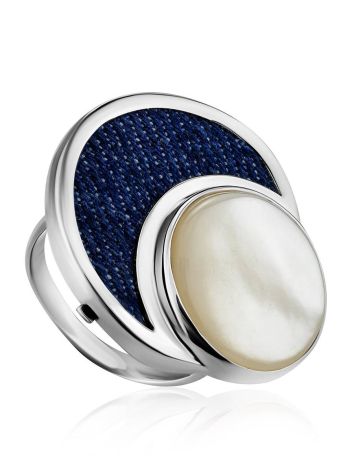 Designer Silver Cocktail Ring With Denim And Nacre, Ring Size: 8 / 18, image 