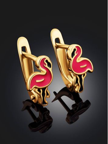 Cute Gold Enamel Flamingo Earrings, image , picture 2