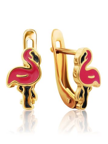Cute Gold Enamel Flamingo Earrings, image 