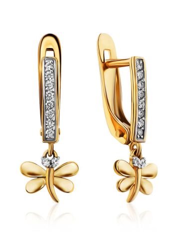 Cute Gold Crystal Dragonfly Earrings, image 