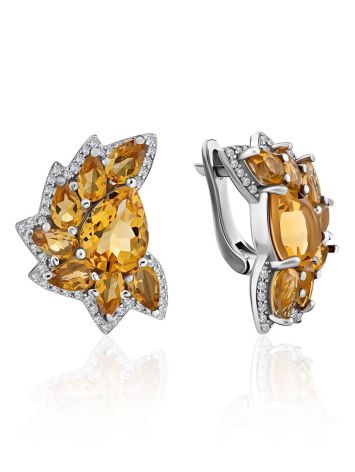 Chic Silver Earrings With Citrine And Crystals, image 