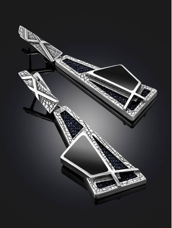Bold Geometric Design Silver Dangles With Denim And Volcanic Glass, image , picture 2