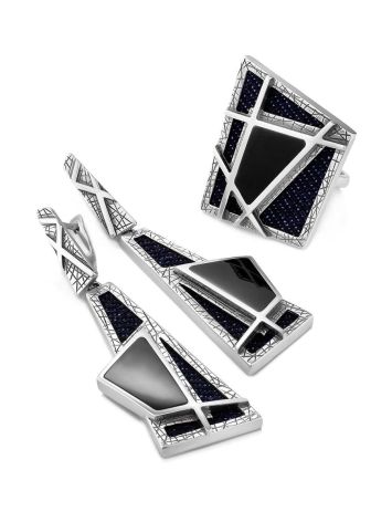 Bold Geometric Design Silver Dangles With Denim And Volcanic Glass, image , picture 4