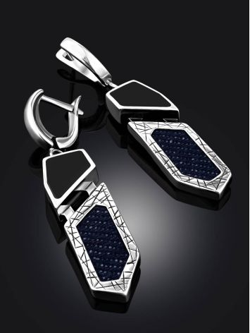 Geometric Silver Dangles With Synthetic Volcanic Glass And Denim, image , picture 2