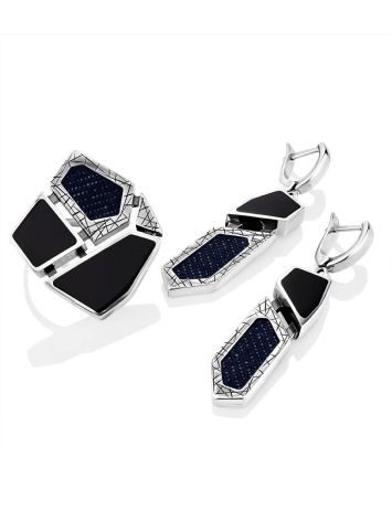 Geometric Silver Dangles With Synthetic Volcanic Glass And Denim, image , picture 4