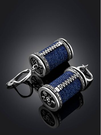 Spool Design Silver Denim Dangle Earrings, image , picture 2