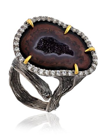 Designer Silver Ring With Agate Geode And Crystals, Ring Size: Adjustable, image 